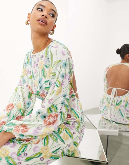 Vestido midi con espalda abierta y diseño floral con cuentas de ASOS EDITION, 3 de 4