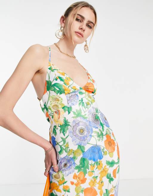 Vestido midi con estampado de amapolas y espalda al aire de satén de ASOS  DESIGN | ASOS