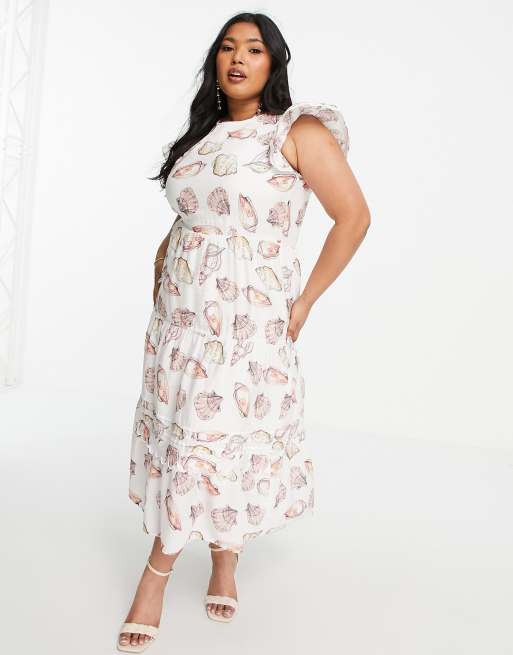 Vestido midi con estampado de conchas rosas de corte holgado con diseño escalonado de Never Fully Dressed Plus, 2 de 4