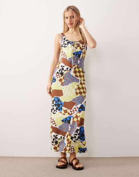 Vestido midi con estampado de flores y cuadros, cuello ancho y lazada delantera de ASOS DESIGN - view 1