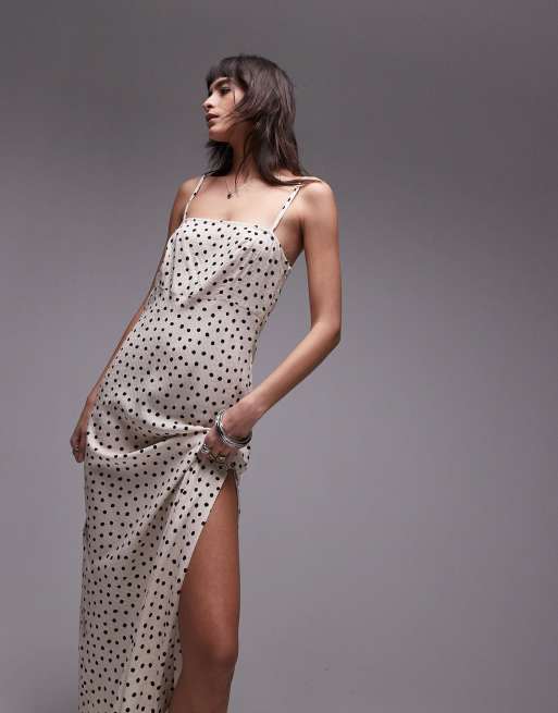 Vestido midi con estampado de lunares monocromático, lazadas en los hombros y jareta de encaje de Topshop