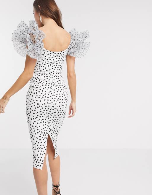 Vestido midi con estampado de lunares manga abullonada de chifón de DESIGN | ASOS