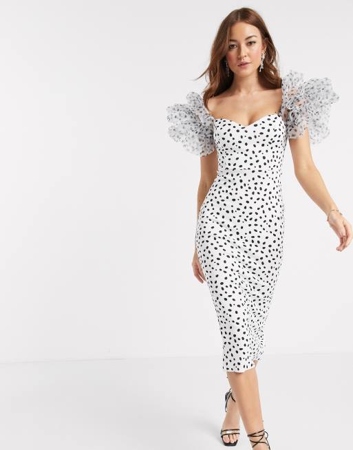 Vestido midi con estampado de lunares manga abullonada de chifón de DESIGN | ASOS