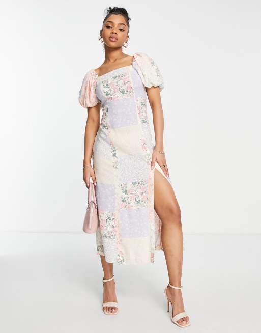 Vestido midi con estampado de patchwork floral y mangas abullonadas de Miss Selfridge 