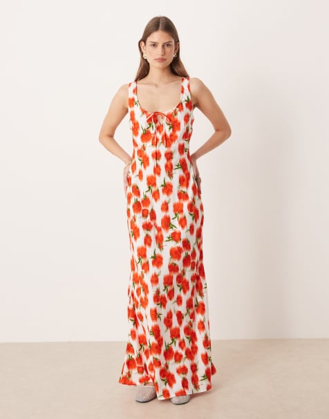 Vestido midi con estampado de rosas difuminadas, cuello ancho y lazada delantera de ASOS DESIGN - view 1