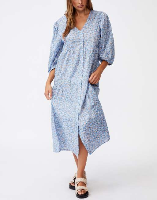 Vestido midi con estampado floral, botones y cuello subido de Cotton On