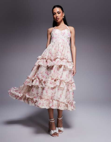 Vestido midi con estampado floral de jacquard, cuello halter y volante de ASOS LUXE - view 1