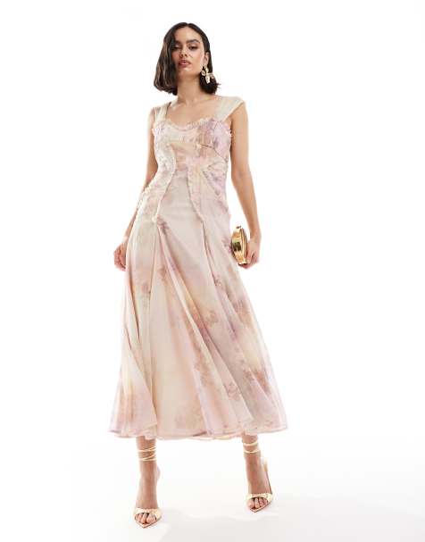 Vestido midi con estampado floral pálido, detalle tipo corsé fruncido, mangas de casquillo y bordes sin rematar de ASOS DESIGN - view 1