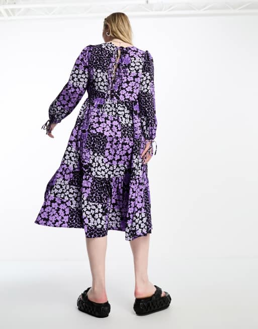 Vestido midi con estampado floral variado y lazadas en las mangas de Yours, 2 de 4