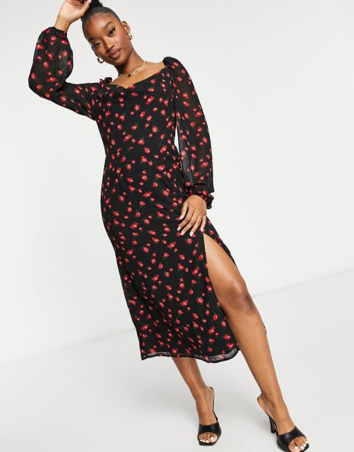 Vestido midi con estampado floral y abertura lateral de Missguided