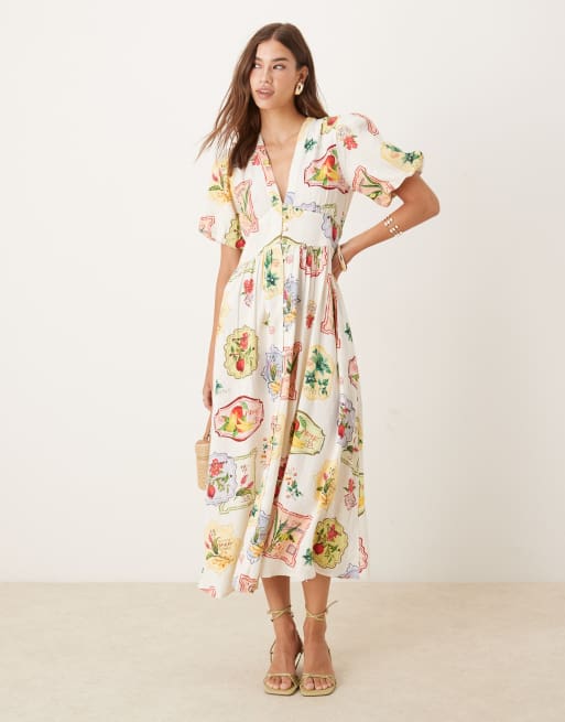 Vestido midi con mangas abullonadas y estampado de postales con frutas Starlight de Nobody's Child, 2 de 4