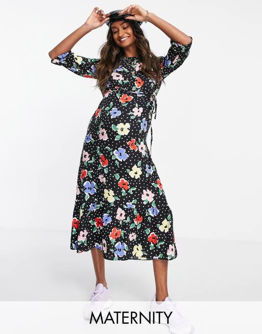 Vestido midi con mangas abullonadas y estampado floral y de lunares de Nobody's Child Maternity