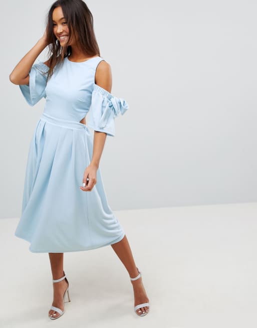 Vestido midi con mangas de crepé y hombros descubiertos con lazo de ASOS
