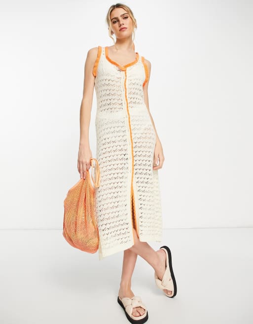 Vestido midi crema con botones en la parte delantera de croché de Lost Ink