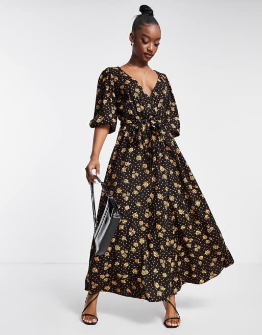 Vestido midi cruzado con estampado de flores y lunares de ASOS