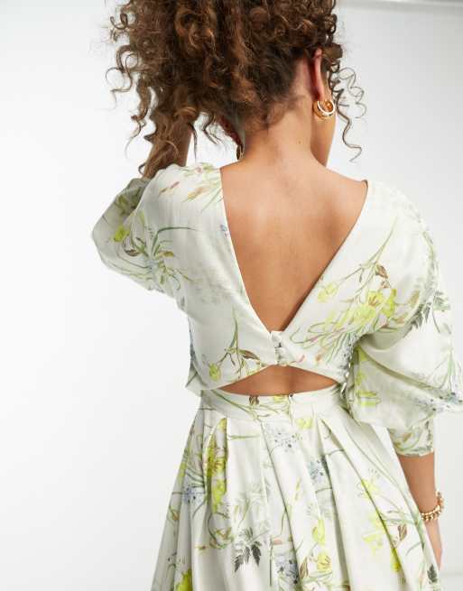 Vestido midi cruzado con estampado floral botánico de lino de ASOS