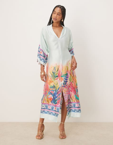 Vestido midi cruzado estilo kimono con lazada en la cintura y estampado de paisaje azul de Hope & Ivy - view 1