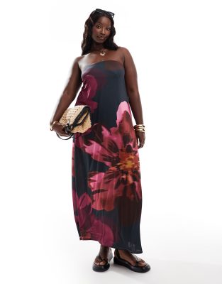 Vestido midi de corte recto con escote palabra de honor y estampado floral extragrande de ASOS DESIGN Curve