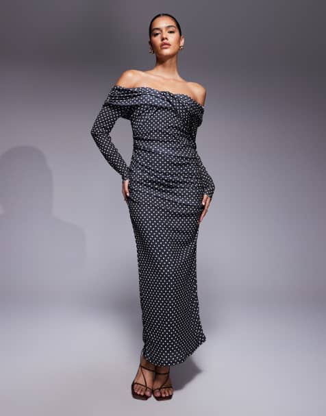 Vestido midi de lunares con escote Bardot y detalle retorcido en la parte delantera de malla texturizada de ASOS DESIGN - view 1