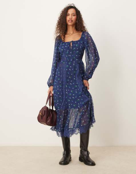 Vestido midi de manga larga con estampado de florecitas, lazada delantera e insertos de encaje de ASOS DESIGN - view 1
