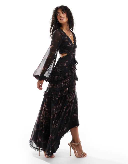 Vestido midi de manga larga con estampado floral vintage y detalle de abertura de ASOS DESIGN