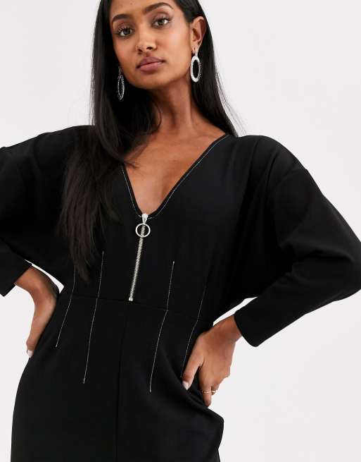 Vestido midi de manga larga en negro con cremallera frontal de ASOS DESIGN, 3 de 4