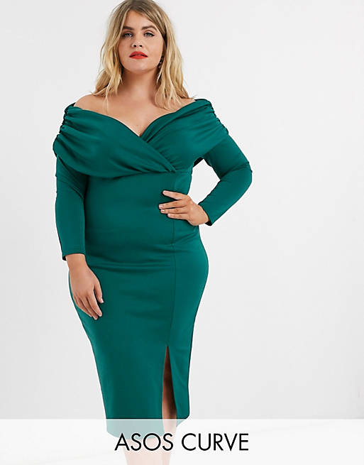 Vestido midi manga en neopreno con Bardot lateral fruncido en verde de ASOS DESIGN Curve | ASOS
