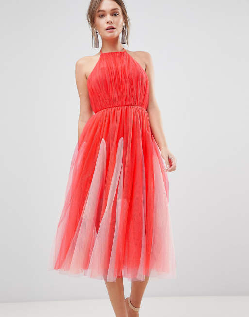 Vestido midi de tul halter con godets de ASOS DESIGN