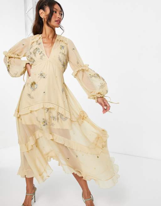 Vestido midi dorado acampanado con abalorios de pedrería de ASOS DESIGN, 4 de 4