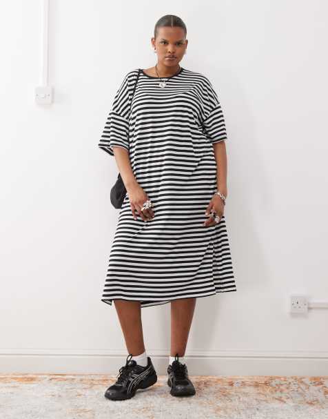 Vestido midi estilo camiseta a rayas negras y blancas de Noisy May Curve - view 1