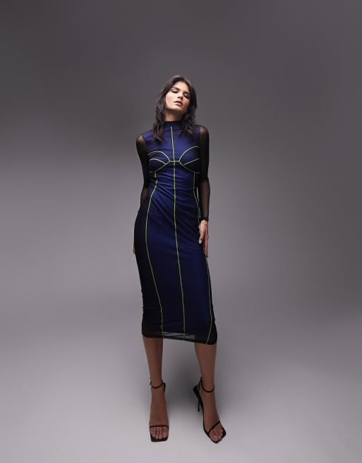 Vestido midi estilo corsé con costuras y diseño contorneado de malla de Topshop