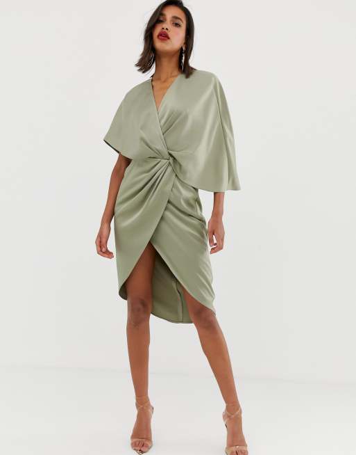 Vestido midi estilo kimono de satén nudo frontal y mangas asimétricas de ASOS DESIGN | ASOS