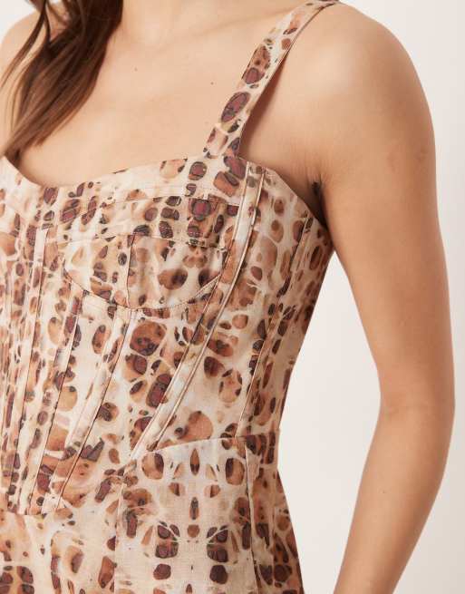 Vestido midi evasé con hombros Bardot, detalle de corsé, algodón y estampado abstracto marrón, 4 de 4