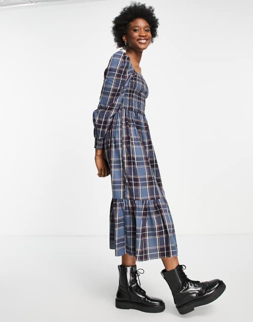 Vestido midi fruncido a cuadros azules de New Look
