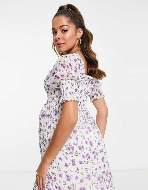 Vestido midi fruncido con mangas abullonadas de Violet Romance Maternity, 2 de 4
