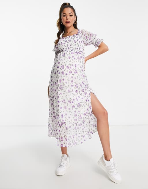 Vestido midi fruncido con mangas abullonadas de Violet Romance Maternity, 3 de 4