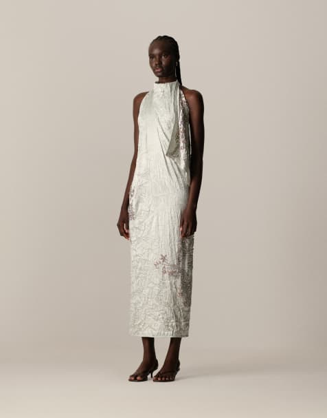 Vestido midi gris ahumado drapeado de corte recto con cuello halter de satén rugoso de ARRANGE - view 1