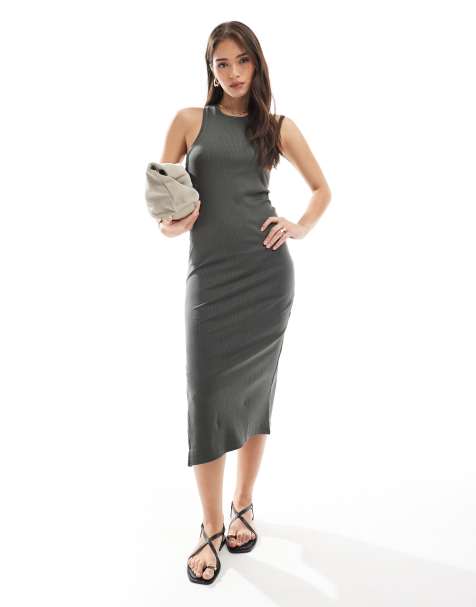 Vestido midi gris carbón con cuello de nadadora de canalé de Only - view 1