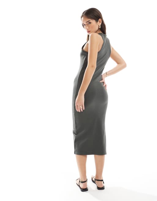 Vestido midi gris carbón con cuello de nadadora de canalé de Only , 4 de 4