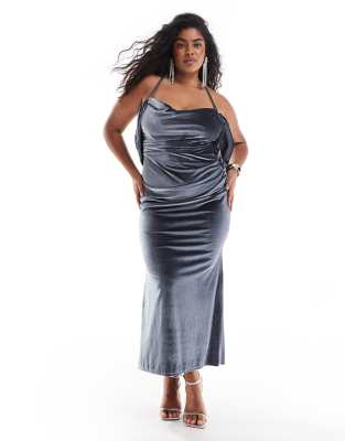 Vestido midi gris carbón con espalda desbocada de terciopelo de ASOS DESIGN Curve - view 1