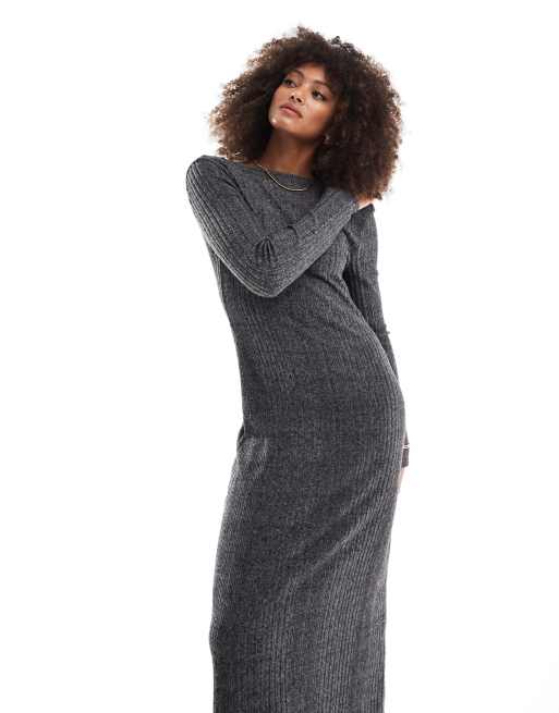Vestido midi gris carbón de corte recto y manga larga de canalé cepillado de ASOS DESIGN, 3 de 4