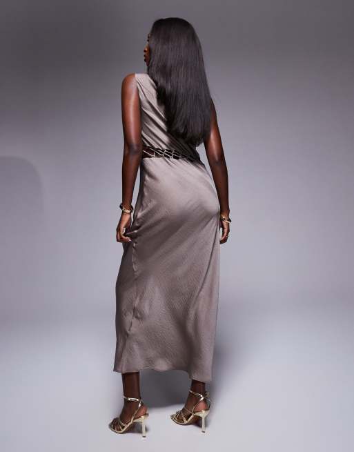 Vestido midi gris con cintura enrejada de satén de ASOS DESIGN , 2 de 4
