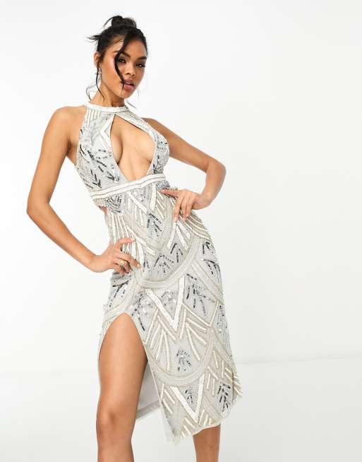 Vestido midi gris con cuello alto y diseño adornado de Starlet, 2 de 4