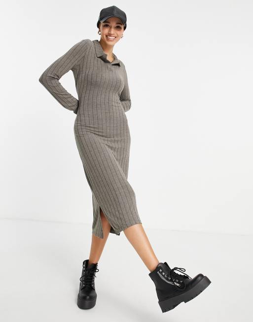 Vestido midi gris con cuello tipo polo de canalé de Pieces