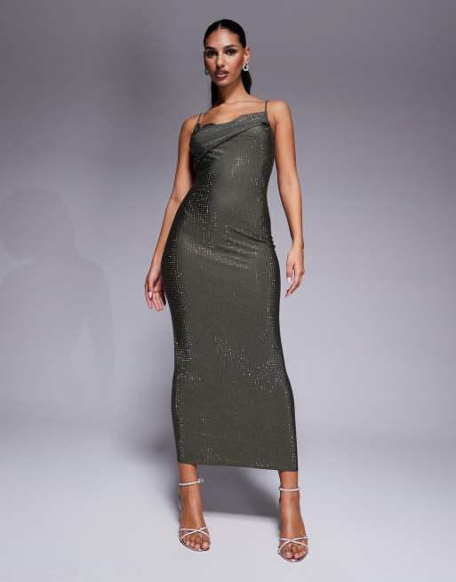 Vestido midi gris con diseño moldeador, detalle plegado en el hombro y diseño de tachuelas de punto de ASOS DESIGN