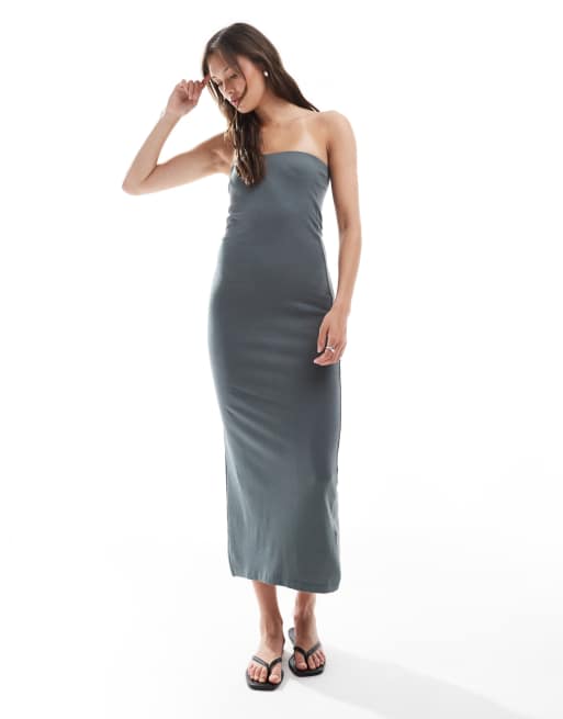 Vestido midi gris con escote palabra de honor de punto de algodón de Brave Soul, 3 de 4