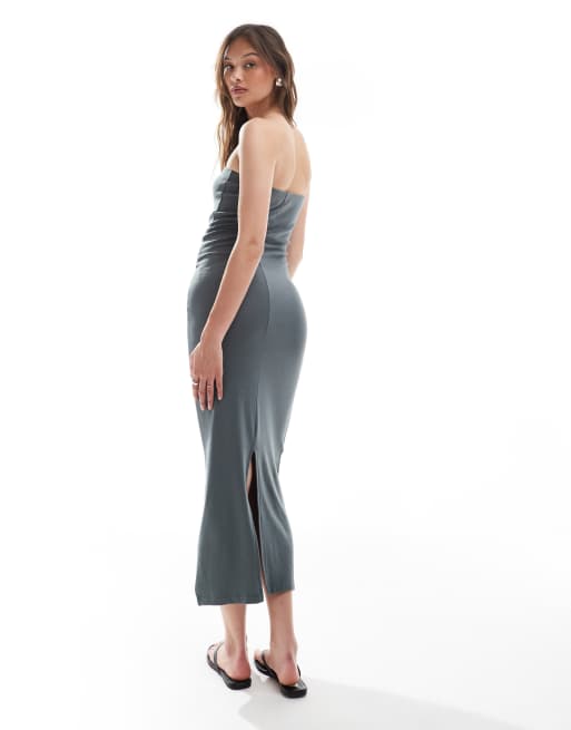 Vestido midi gris con escote palabra de honor de punto de algodón de Brave Soul, 4 de 4