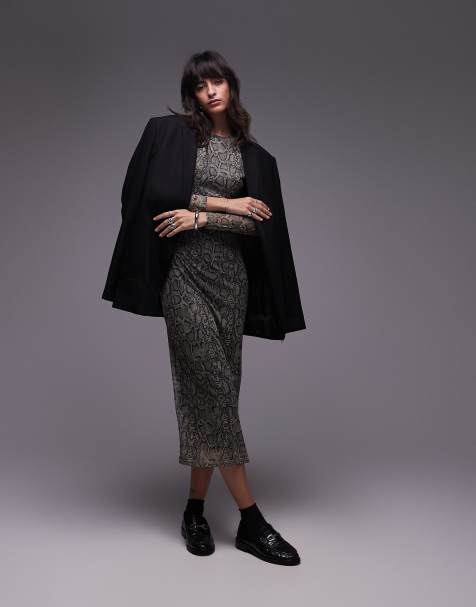 Vestido midi gris con estampado de serpiente y laterales fruncidos de malla de Mango - view 1