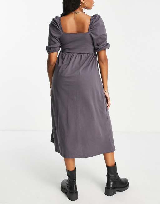 Vestido midi gris con mangas abullonadas fruncidas y escote cuadrado de ASOS DESIGN Maternity, 3 de 4