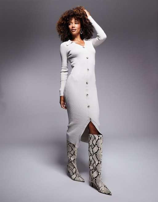 Vestido midi gris de estilo cárdigan abotonado con cuello de pico de In The Style